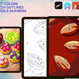 May include: A digital paint-by-number set featuring colorful fruit tarts and cakes. The image displays a finished illustration, a black and white line art template with numbers, and a partially colored section with letters and numbers for guidance.