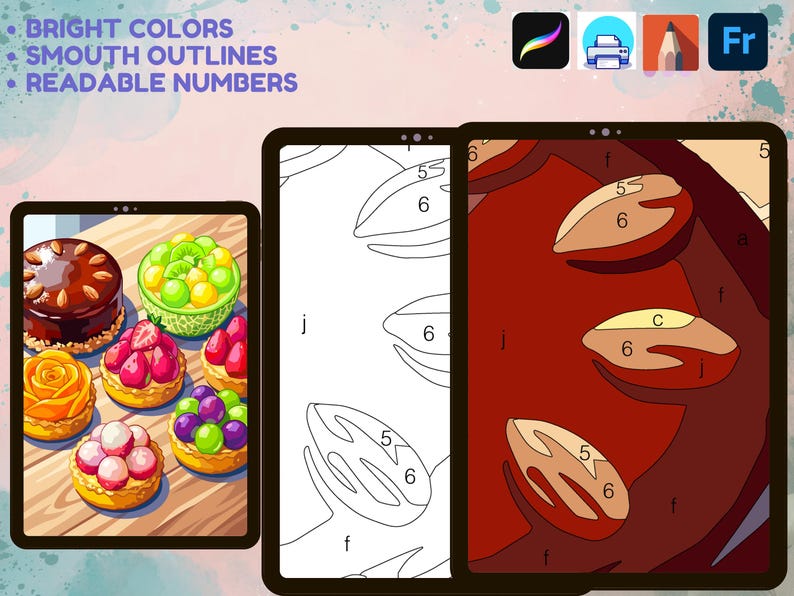 May include: A digital paint-by-number set featuring colorful fruit tarts and cakes. The image displays a finished illustration, a black and white line art template with numbers, and a partially colored section with letters and numbers for guidance.