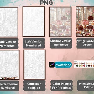 May include: A digital art set featuring multiple versions of a bakery scene including Dark Version Numbered, Light Version Numbered, Shadow Version Numbered, Navigation Maps Version, Palette Version Numbered, and Contour Version. Includes a .swatches file for Procreate and a printable color palette.