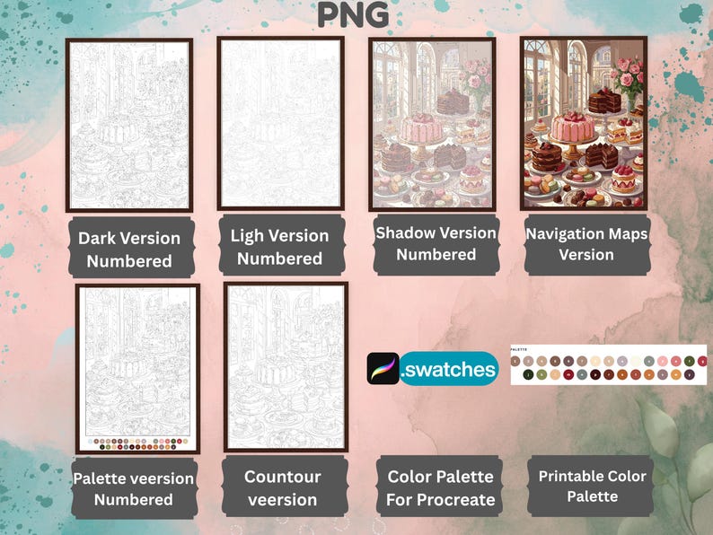 May include: A digital art set featuring multiple versions of a bakery scene including Dark Version Numbered, Light Version Numbered, Shadow Version Numbered, Navigation Maps Version, Palette Version Numbered, and Contour Version. Includes a .swatches file for Procreate and a printable color palette.
