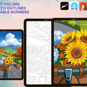 Puede incluir: Obra de arte digital de pintura por n&uacute;meros que muestra una bicicleta con una cesta de girasoles y hortensias en una carretera hacia una monta&ntilde;a. Incluye una versi&oacute;n en blanco y negro con secciones numeradas y una versi&oacute;n parcialmente coloreada con letras.