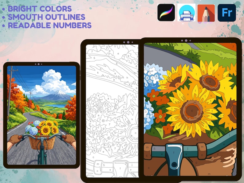 Puede incluir: Obra de arte digital de pintura por n&uacute;meros que muestra una bicicleta con una cesta de girasoles y hortensias en una carretera hacia una monta&ntilde;a. Incluye una versi&oacute;n en blanco y negro con secciones numeradas y una versi&oacute;n parcialmente coloreada con letras.