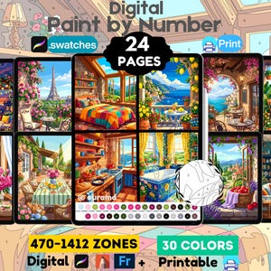 Pode incluir: Um conjunto digital de pintura por números com 24 páginas, 30 cores e 470-1412 zonas. A coleção inclui várias cenas como um quarto, cozinha, varanda e vistas costeiras, apresentadas em formato de grelha com opções digitais e imprimíveis.