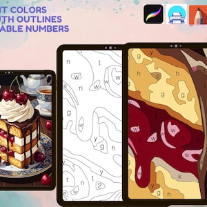May include: A digital paint-by-number set featuring a slice of cherry cake. The image displays a finished cake illustration, a black and white line art template with letters, and a partially colored section with letters, all optimized for tablet apps.