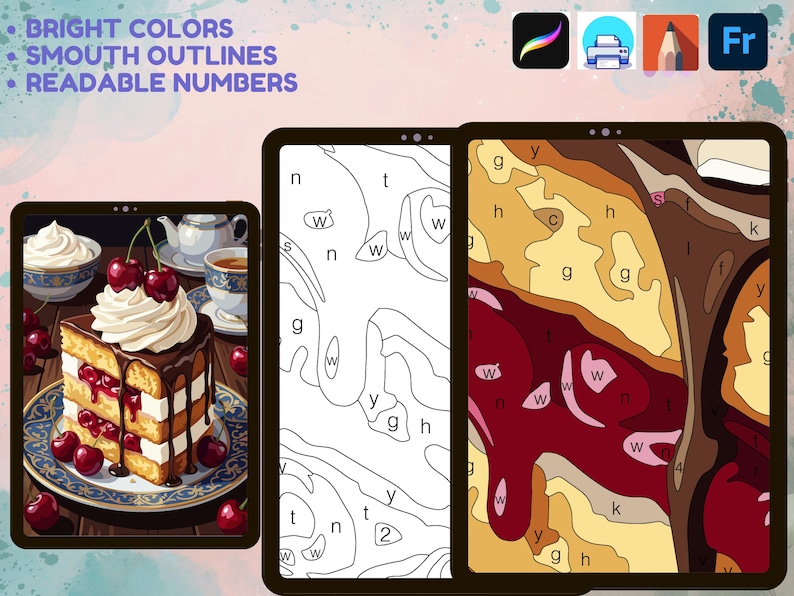 May include: A digital paint-by-number set featuring a slice of cherry cake. The image displays a finished cake illustration, a black and white line art template with letters, and a partially colored section with letters, all optimized for tablet apps.