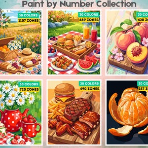 May include: A Paint by Number Collection featuring 24 pages of colorful illustrations. The images include picnic scenes, food platters with burgers and ribs, fresh peaches, a red polka dot teapot with strawberries, and a peeled orange.