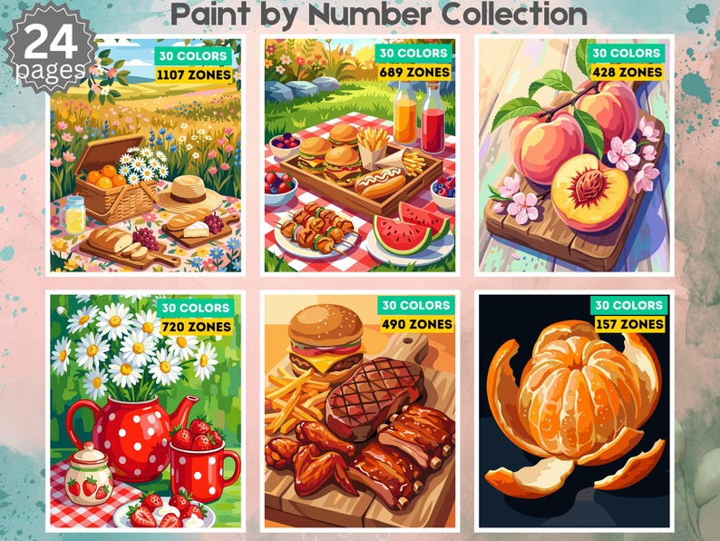 May include: A Paint by Number Collection featuring 24 pages of colorful illustrations. The images include picnic scenes, food platters with burgers and ribs, fresh peaches, a red polka dot teapot with strawberries, and a peeled orange.