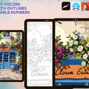Puede incluir: Un set digital de pintura por n&uacute;meros que muestra una fachada azul con flores en tres tabletas. La imagen incluye el texto BRIGHT COLORS, SMOOTH OUTLINES, READABLE NUMBERS y el nombre de la tienda Clousa Erint en letra cursiva.