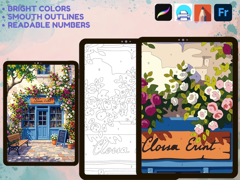 Puede incluir: Un set digital de pintura por n&uacute;meros que muestra una fachada azul con flores en tres tabletas. La imagen incluye el texto BRIGHT COLORS, SMOOTH OUTLINES, READABLE NUMBERS y el nombre de la tienda Clousa Erint en letra cursiva.