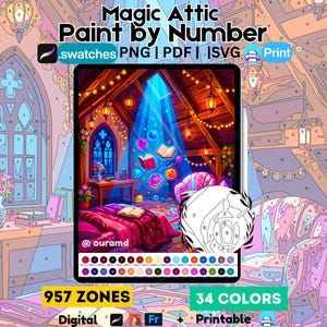 Magische zolderverf op nummer | Cosy Fantasy-spreukenboek, png-/pdf-bestand (digitale download)