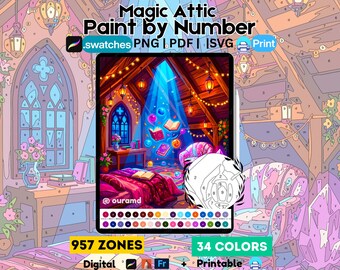 Magische zolderverf op nummer | Cosy Fantasy-spreukenboek, png-/pdf-bestand (digitale download)