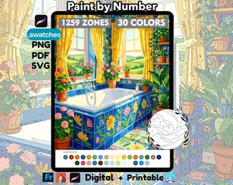 Floral Bathroom Paint by Number | Digital Coloring Sheet for Procreate | Floral Bathroom Retreat Printable PDF PNG SVG Procreate Palette