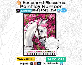 Wit Paard Bloemen Schilderen op Nummer | Digitale Kleurplaat (Procreate, PNG, PDF, SVG)