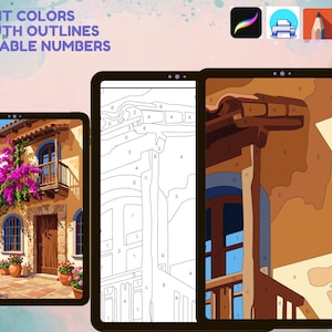 Puede incluir: Un set de pintura por n&uacute;meros digital para tabletas que muestra una casa mediterr&aacute;nea con buganvillas magenta. La imagen presenta tres vistas: la escena colorida terminada, una plantilla de arte lineal en blanco y negro y una secci&oacute;n parcialmente coloreada.