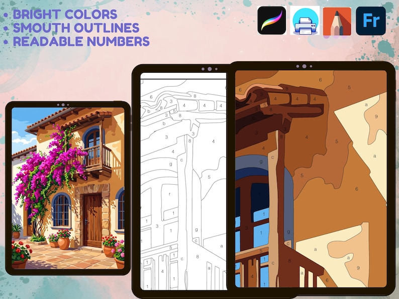 Puede incluir: Un set de pintura por n&uacute;meros digital para tabletas que muestra una casa mediterr&aacute;nea con buganvillas magenta. La imagen presenta tres vistas: la escena colorida terminada, una plantilla de arte lineal en blanco y negro y una secci&oacute;n parcialmente coloreada.