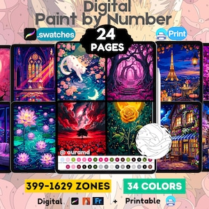 Peut inclure: Un ensemble de peinture par numéro numérique comprenant 24 pages, 399-1629 zones et 34 couleurs. La collection inclut diverses scènes comme un chat, une rose, la tour Eiffel et un canal, avec le texte Digital Paint by Number, 24 PAGES et 34 COLORS.