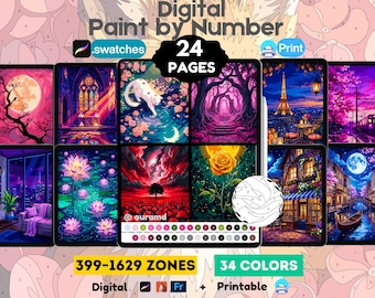 24 Kleurplaten op nummer voor Procreate, 34 kleuren, printbaar | PNG PDF SVG, kleurplaten voor volwassenen, kleuren voor iPad, (digitale download)