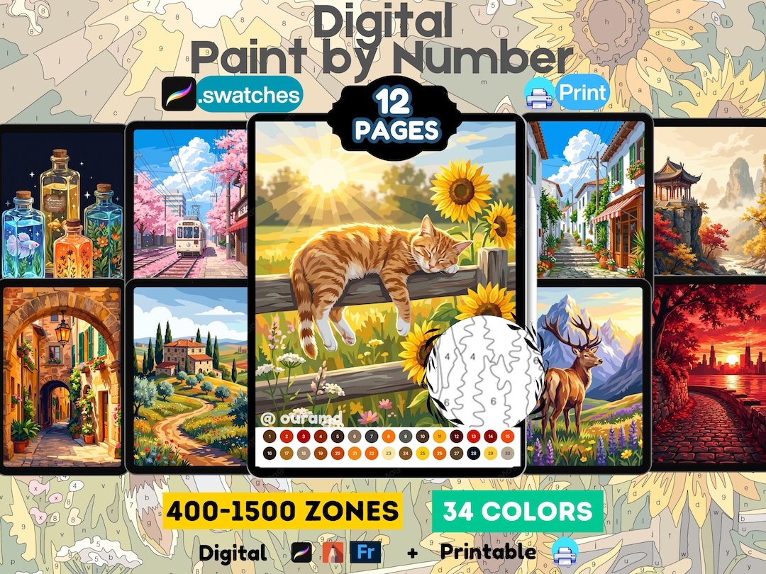12 Digital Color by Numbers, Procreate Coloring Pages, iPad Coloring PNG, PDF , SVG