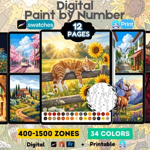 May include: A digital paint by number set featuring 12 pages with 400-1500 zones and 34 colors. The display shows various scenes including a cat on a fence, landscapes, and city streets. The text reads Digital Paint by Number, 12 PAGES, and Printable.
