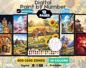 12 Digital Color by Numbers, Procreate Coloring Pages, iPad Coloring PNG, PDF , SVG