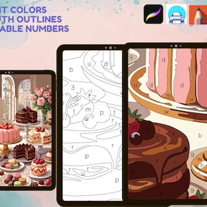 May include: A digital paint-by-number set featuring a collection of cakes and pastries. The image displays a finished colorful scene, a black and white line art template, and a zoomed-in section with letters and numbers. Text reads: BRIGHT COLORS, SMOOTH OUTLINES, READABLE NUMBERS.