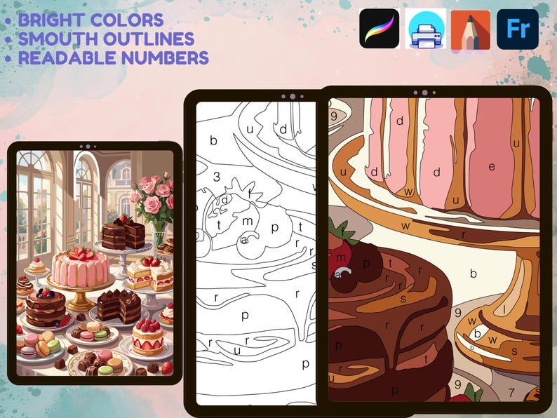 May include: A digital paint-by-number set featuring a collection of cakes and pastries. The image displays a finished colorful scene, a black and white line art template, and a zoomed-in section with letters and numbers. Text reads: BRIGHT COLORS, SMOOTH OUTLINES, READABLE NUMBERS.