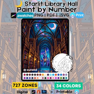 Può includere: Un kit digitale di pittura con i numeri intitolato Starlit Library Hall che raffigura un interno di biblioteca gotica con vista su un castello sotto un cielo stellato. Include 727 zone, 34 colori ed è disponibile in formato PNG, PDF e SVG.