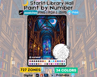 Starlit Library schilderen op nummer | Celestial Castle Kleurplaat | PNG pdf-svg (digitale download)