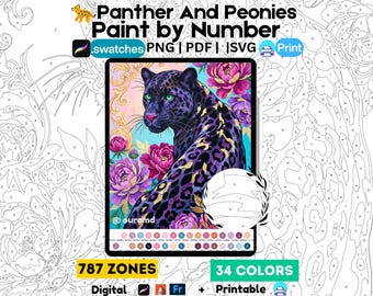 Zwarte Panter Pioenrozen Schilderen op Nummer | Digitale Kleurplaten (PNG, PDF, SVG)
