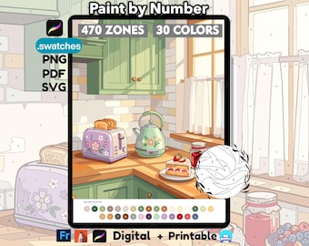 Cottage Kitchen Color by Number for Adults | Procreate Coloring Page | Kitchen Art Printable Wall Art | PNG PDF SVG