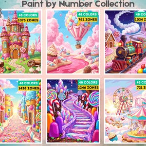 Puede incluir: Una colección de pintura por números con 28 páginas de ilustraciones temáticas de dulces. Seis imágenes distintas muestran un castillo, un globo aerostático, un tren, una calle, una escalera y un carrusel, cada una con 48 colores.