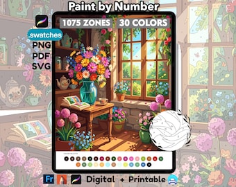 Sunlit Cottage Window Color by Number | Adult Digital Painting Template (PDF, PNG, SVG)