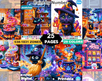 May include: A digital paint by number set featuring 25 pages with 29 colors and 538-1831 zones. The collection includes illustrations of black cats, witch hats, cauldrons, potions, and magical scenes with vibrant purple, blue, and orange tones.