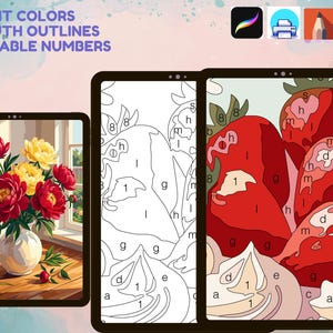 May include: Digital paint-by-number templates displayed on three tablet screens. The left screen shows a finished floral painting. The middle screen shows a black and white line art outline. The right screen shows a partially colored strawberry image.