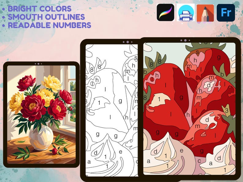 May include: Digital paint-by-number templates displayed on three tablet screens. The left screen shows a finished floral painting. The middle screen shows a black and white line art outline. The right screen shows a partially colored strawberry image.
