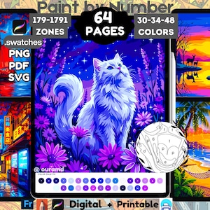 64 Procreate målarbilder, digitala målarbilder med nummer, natur, resor, landskap, mysiga bilder, detaljerad iPad-målarbild för vuxna, utskrivbar, PNG PDF SVG