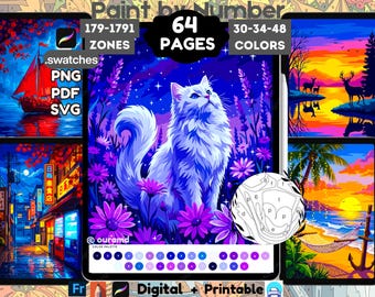 64 Procreate Coloring Pages, Paint By Number Digital, Nature Travel Landscape Cozy, Detailed iPad Coloring For Adults, Printable,PNG PDF SVG