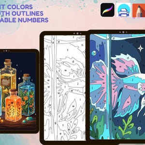 Puede incluir: Arte digital de pintura por n&uacute;meros en tres tabletas. Las im&aacute;genes muestran botellas de vidrio con un pez betta y plantas, una plantilla de l&iacute;neas con letras y una ilustraci&oacute;n de un pez betta parcialmente coloreada con secciones marcadas.
