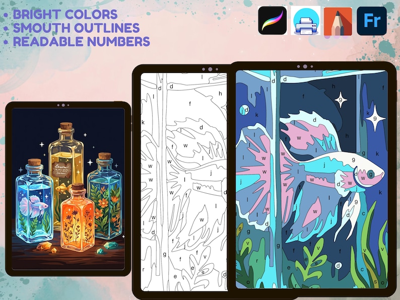 Puede incluir: Arte digital de pintura por n&uacute;meros en tres tabletas. Las im&aacute;genes muestran botellas de vidrio con un pez betta y plantas, una plantilla de l&iacute;neas con letras y una ilustraci&oacute;n de un pez betta parcialmente coloreada con secciones marcadas.