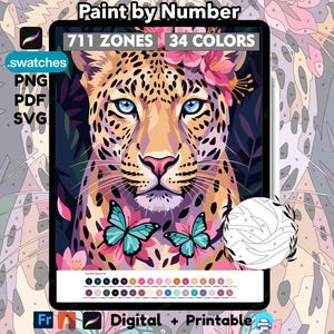 Peut inclure: Un kit de peinture par numéros numérique représentant un léopard aux yeux bleus, des fleurs roses et deux papillons sarcelle. L'image contient le texte Paint by Number, 711 ZONES, 34 COLORS, .swatches, PNG, PDF, SVG, Digital + Printable et une palette.
