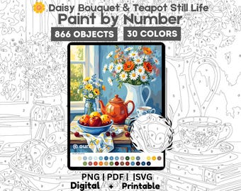 Theepot met madeliefjesboeket schilderen op nummer | Bloemenstilleven kleurplaat (digitale download)