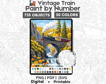 Vintage trein verf op nummer, bloemen natuurscène, voortplanten kleurplaten (PNG PD SVG)