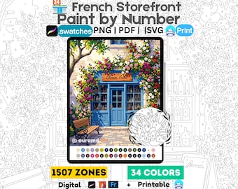 Franse bloemenwinkel verf op nummer | Parijse Storefront Procreate Kleurplaten (PNG PDF SVG)