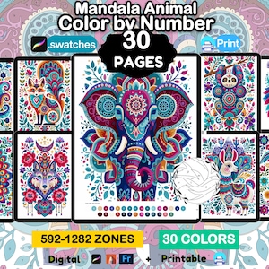 May include: A digital colouring book titled Mandala Animal Color by Number with 30 pages, featuring intricate animal illustrations like an elephant, octopus, and fox. The pages include 592-1282 zones and 30 colours, available for digital use or printing.