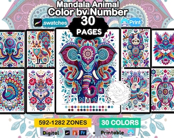 30 Mandala Animal Color By Number Adult, Procreate Coloring Pages, Folk Art Bundle, Digital + Printable + Procreate Palettes PNG PDF SVG