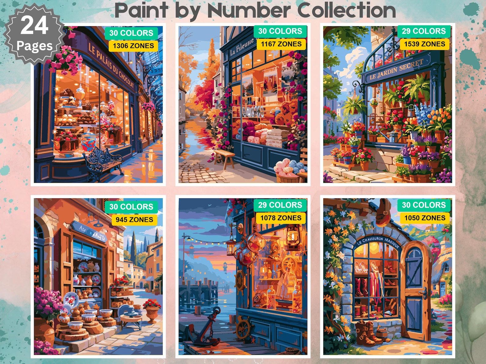 Coloe By Numbr 24 Procreate Color by Number Pages: European Shopfronts (Digital Bundle ...