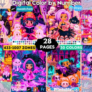 May include: A digital colour by number activity set featuring 28 pages with 30 colours and 433-1007 zones. The illustrations depict various characters in vibrant, neon-toned scenes with ghosts, pumpkins, and magical elements in a cartoon style.
