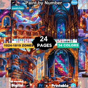 Pode incluir: Um conjunto digital de pintura por números com 24 páginas de cenas de bibliotecas e fantasia, 34 cores e 1024-1819 zonas. As imagens exibem estantes coloridas, escadas em espiral e céus noturnos cósmicos através de grandes janelas em arco.