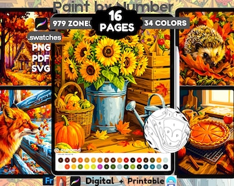 16 Autumn Color by Number for Adults | Procreate Coloring Pages | 34-Color Fall Forest Set | iPad PNG PDF SVG