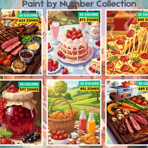 May include: A Paint by Number Collection featuring 24 pages with six distinct food and landscape illustrations. Each image includes a label indicating 30 colors and a specific number of zones, showcasing scenes like steak, strawberry cake, pizza, and fruit.